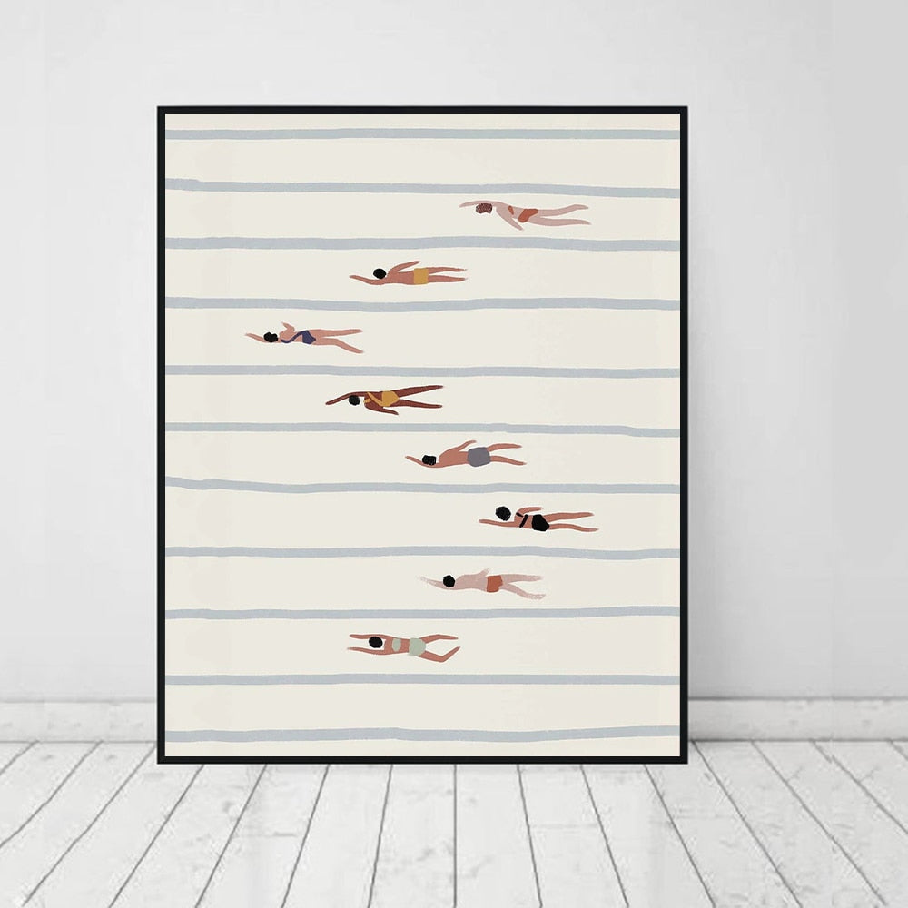 Diverse Women Swimmers Nordic Minimalist Wall Art Poster Canvas Painting