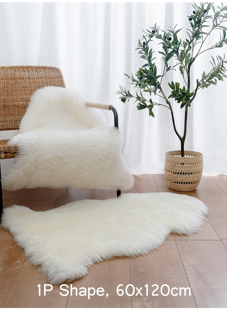 White shaggy sheepskin rug or chair mat